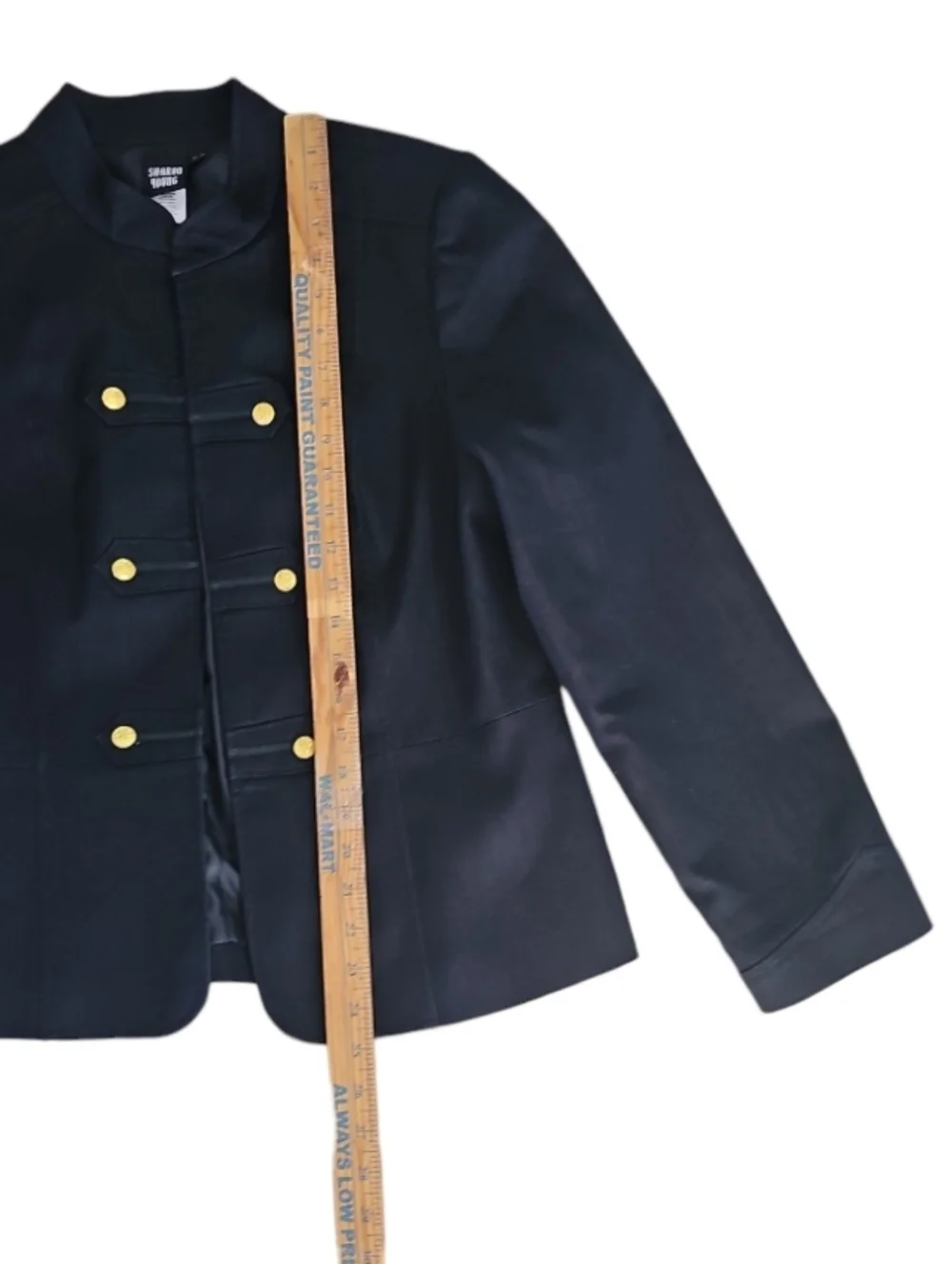 Sharon Young Dark Denim Stretch Military Jacket Gold Button Open Front Sz 12